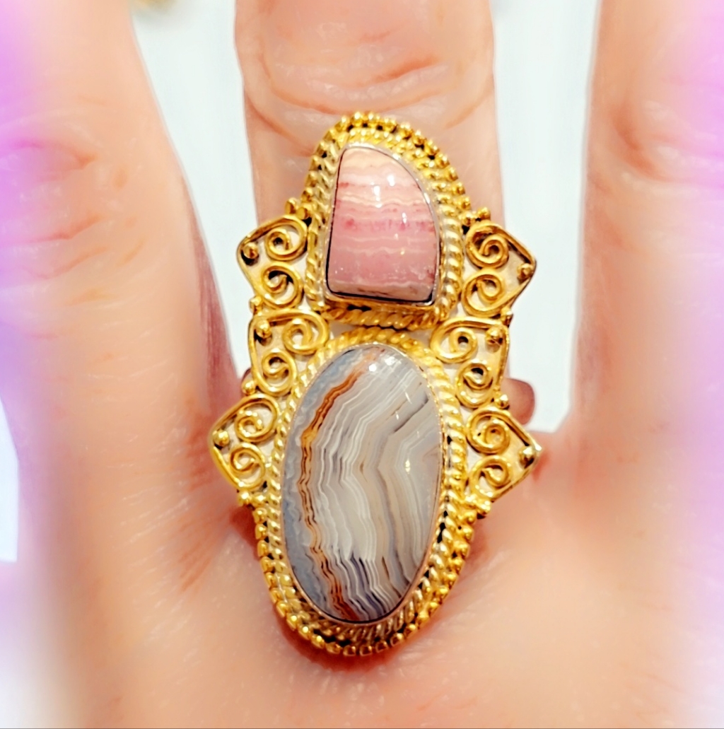 Crazy Lace & Rhodochrosite Custom Sterling Vermeil Double Stone Gemstone Ring